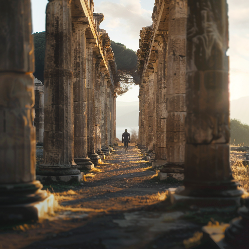 Image of Poseidon walking between Paestum temples, detailed.