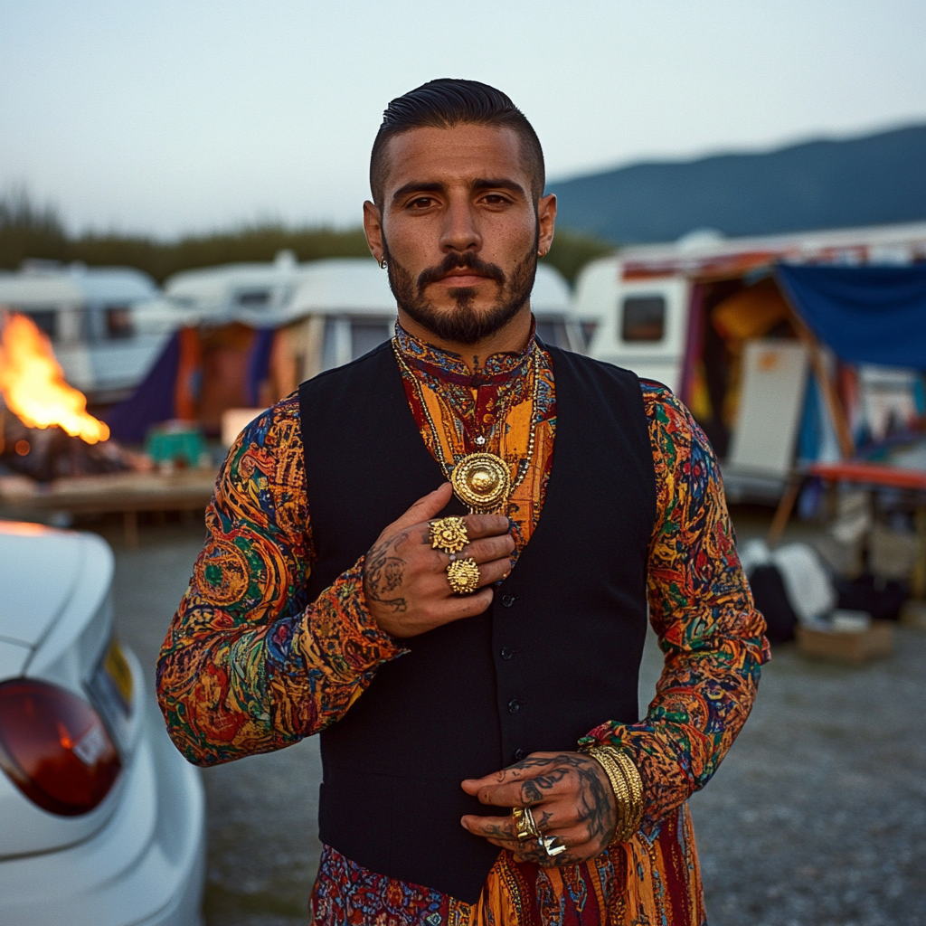 Image of Quaresma in Romani attire at camp.