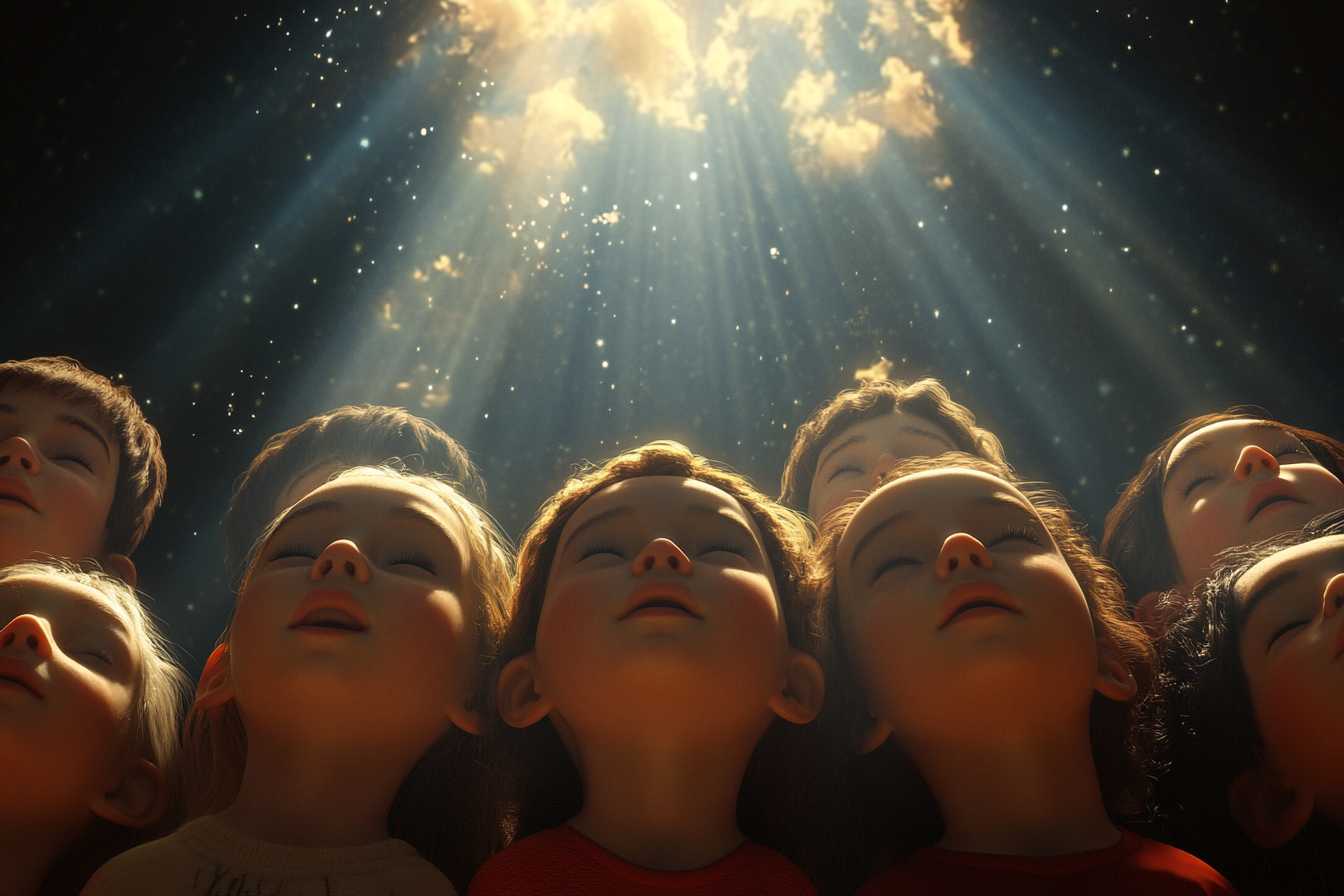 Image of children blinking in wonder under bright light.