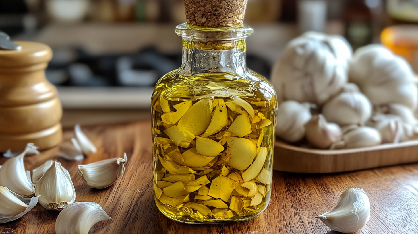 Image of delicious garlic infused olive oil with ingredients.