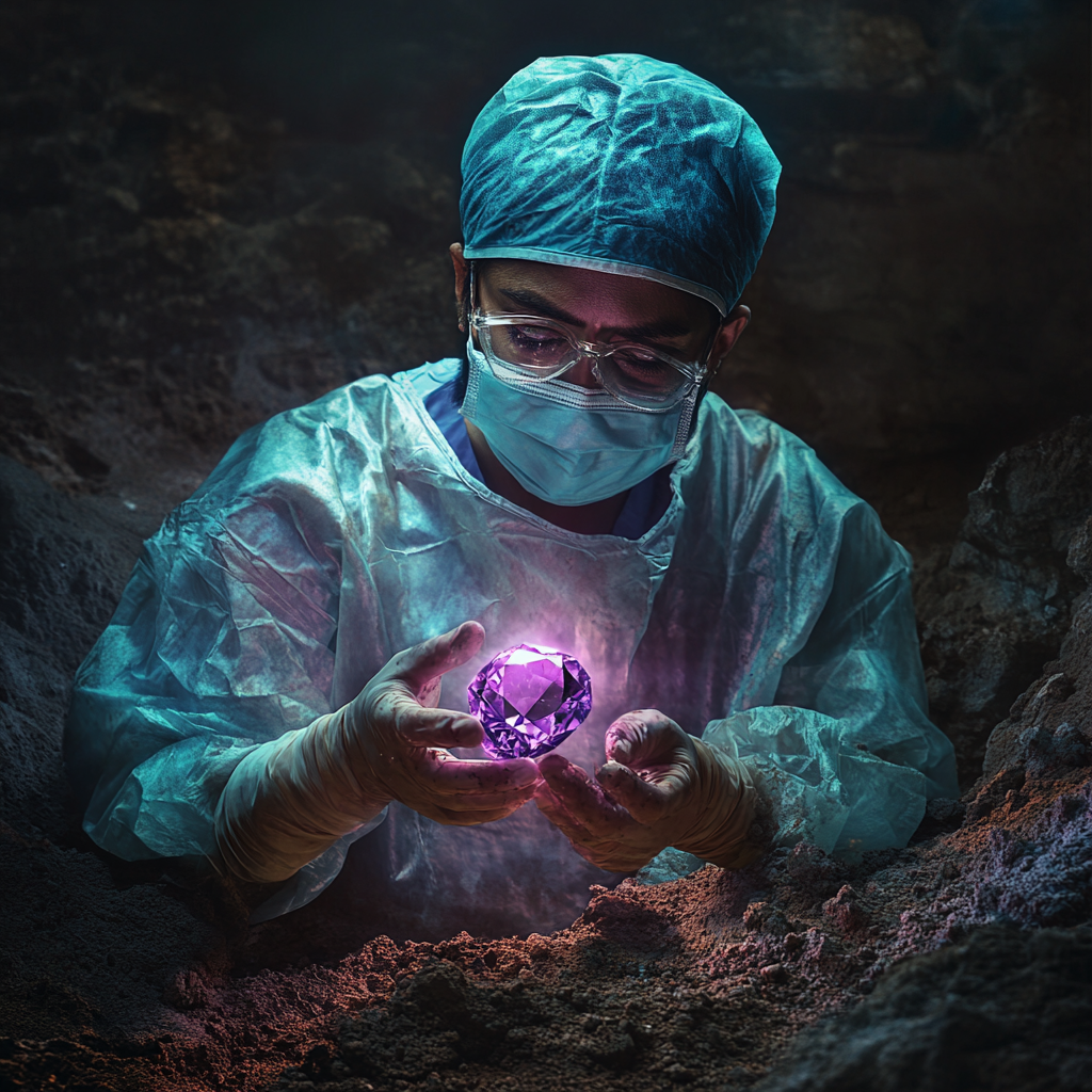 Image of dirty surgeon finding glowing purple diamond.