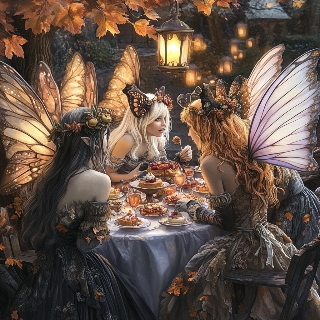 Image of diverse fairies with large wings at fall tea party.