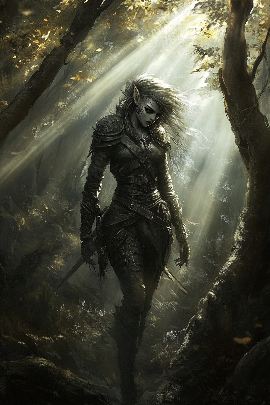 Image of feral drow female ranger in forest.