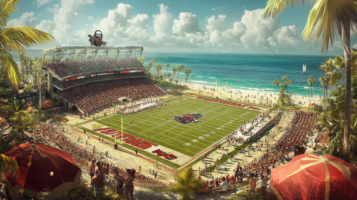 Image of football field on beach with fans and logos.