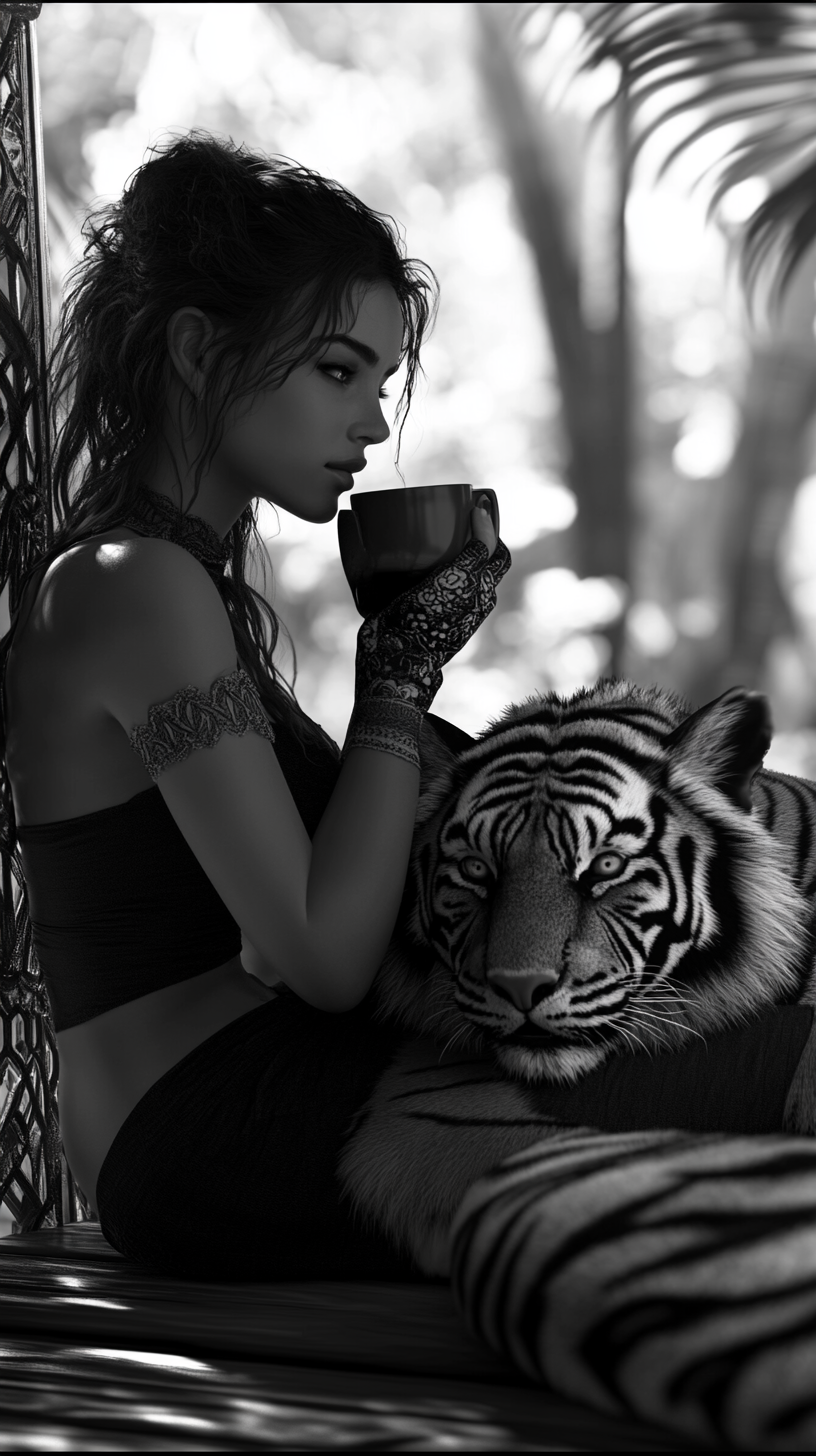 Image of girl with tiger on porch, highest quality.