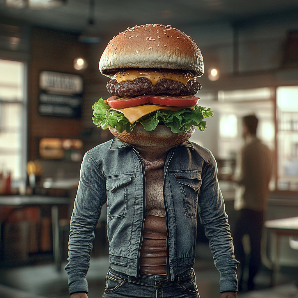 Image of human body with hamburger head, surreal yet believable.