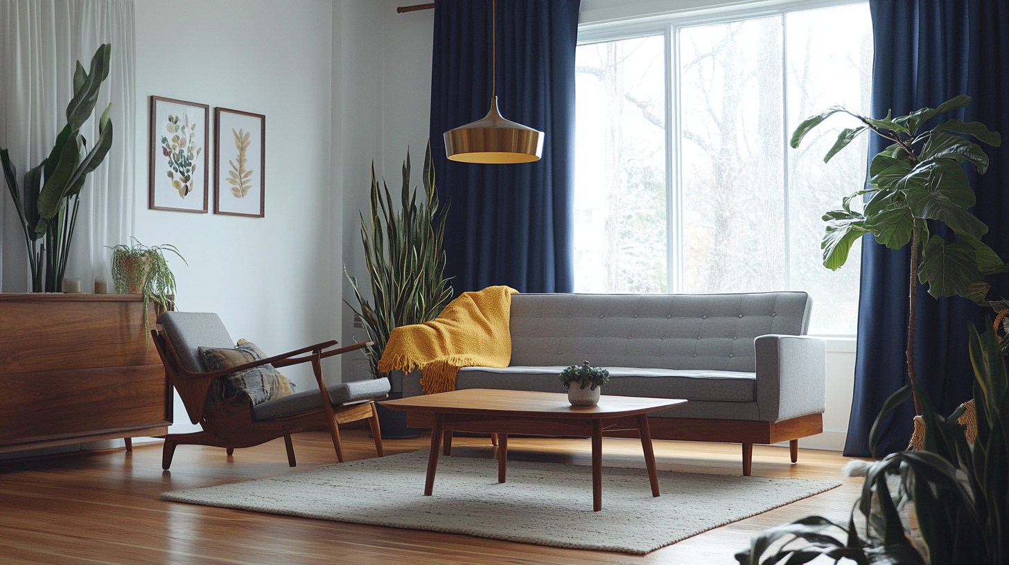 Image of mid-century modern living room with navy curtains.