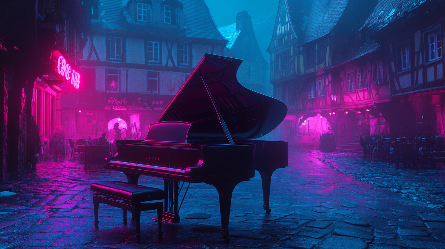 Image of modern piano in historic village square.