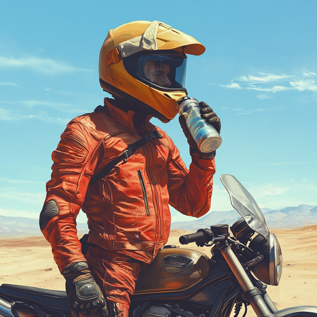 Image of motorcyclist in light clothes drinking water, preparing.