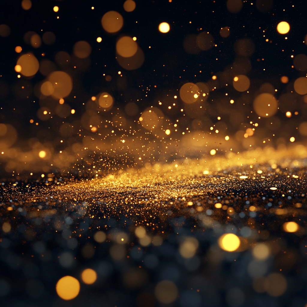 Image of reflecting gold dust, falling sparkles, elegant lighting.