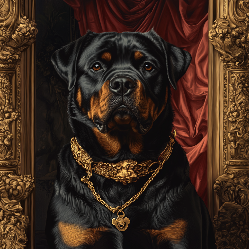 Image of regal Rottweiler in Baroque style setting.