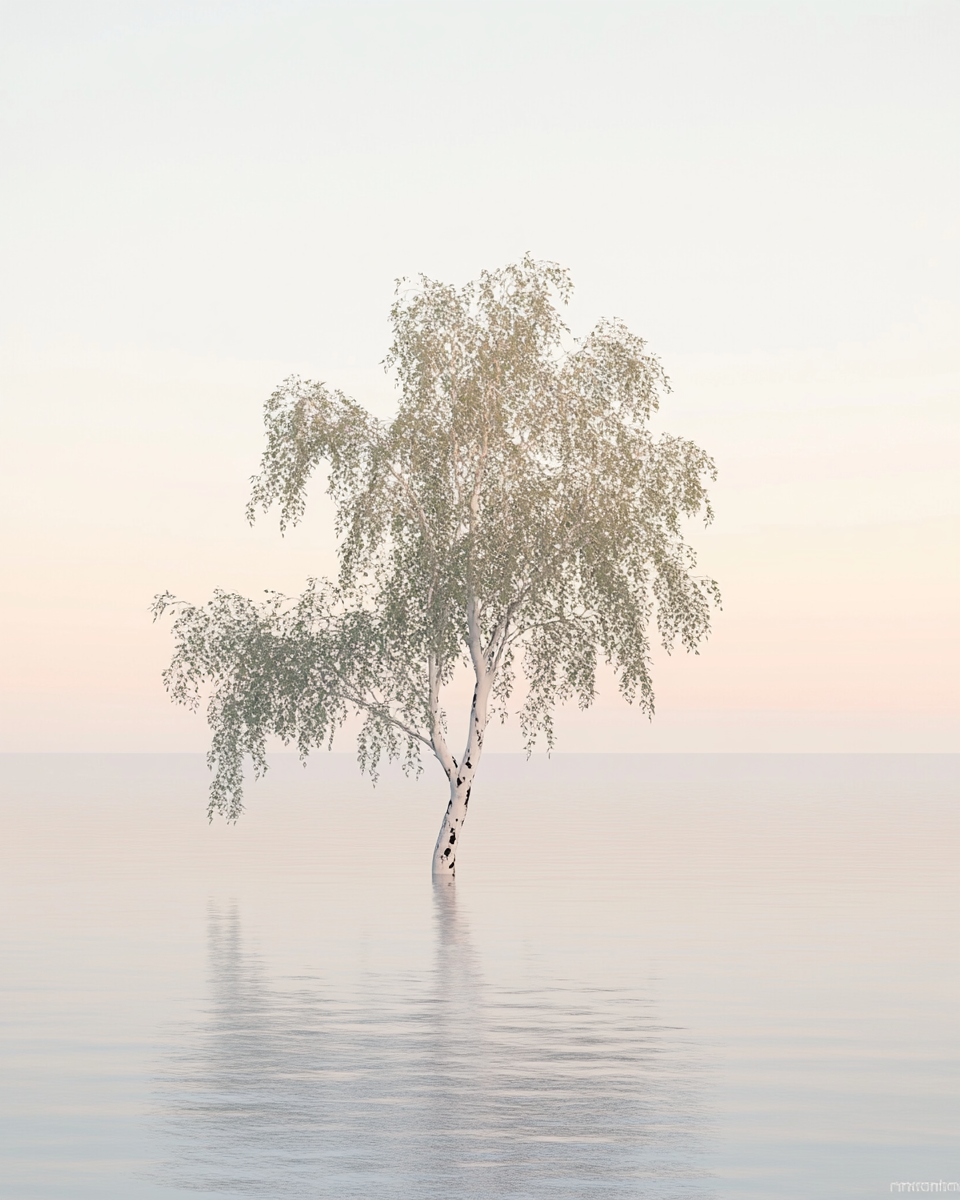 Image of solitary white tree in serene sunset lake.