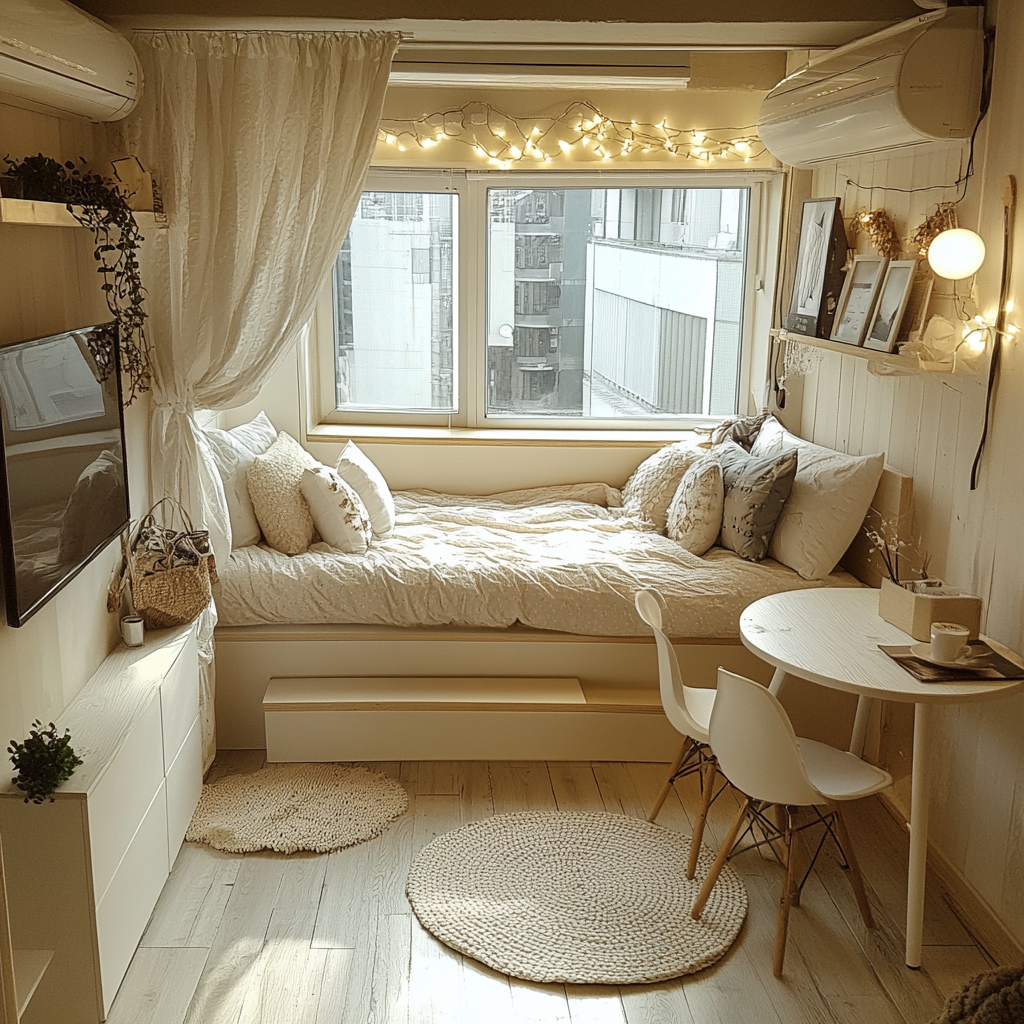 Image of stylish 1K room with bed and chair.