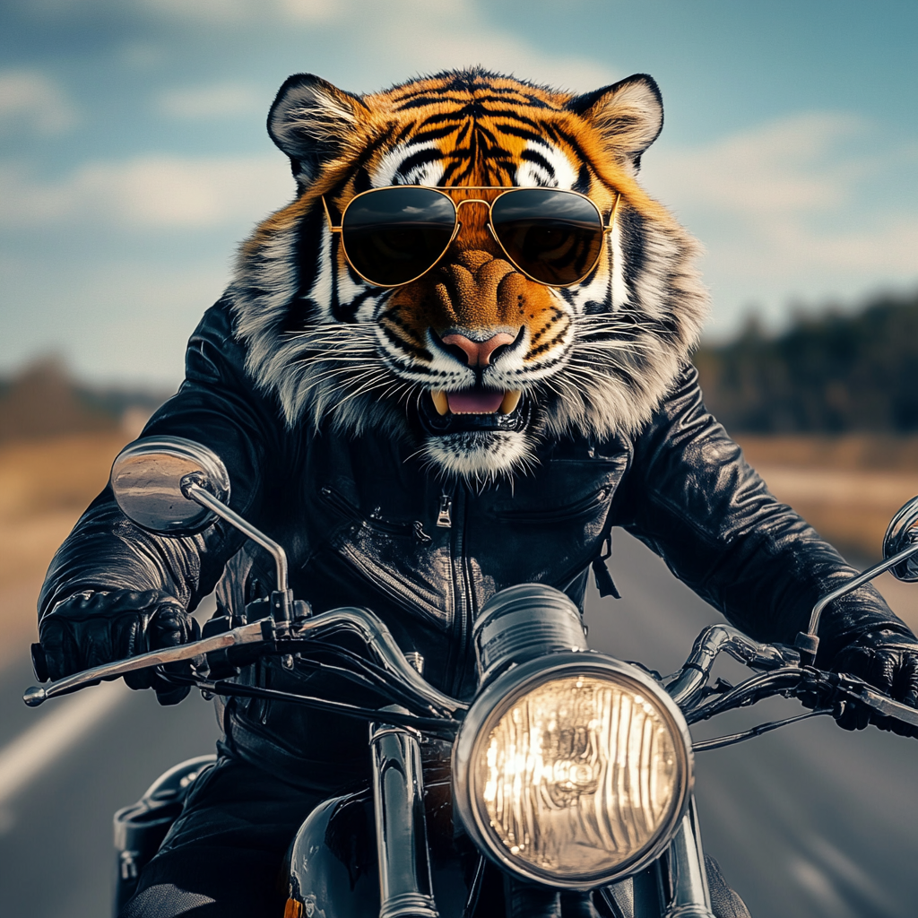 Image of tiger in aviator glasses riding motorcycle.