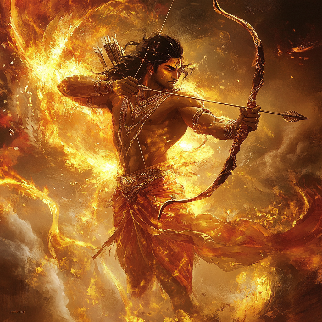 Image of valiant soldier Karna in fiery aura.