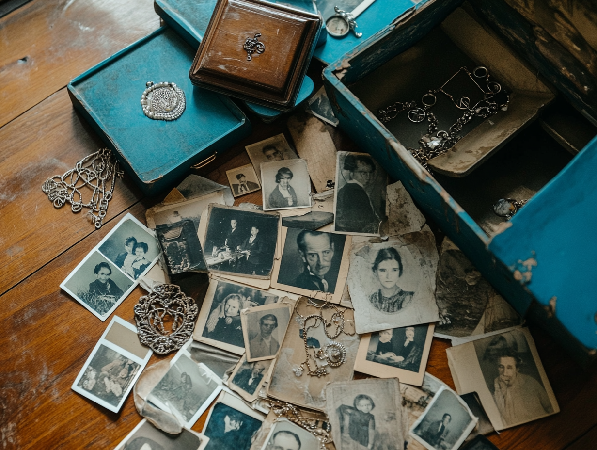 Image shows organizing sentimental items on wooden floor. Memories.