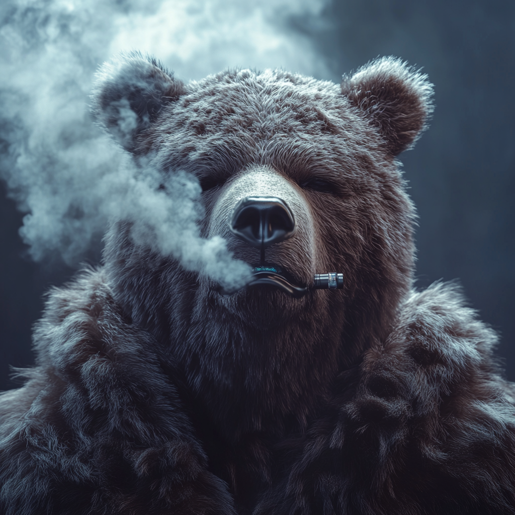 Image text: Bear-headed human vaping, looking disappointed, eyes closed.