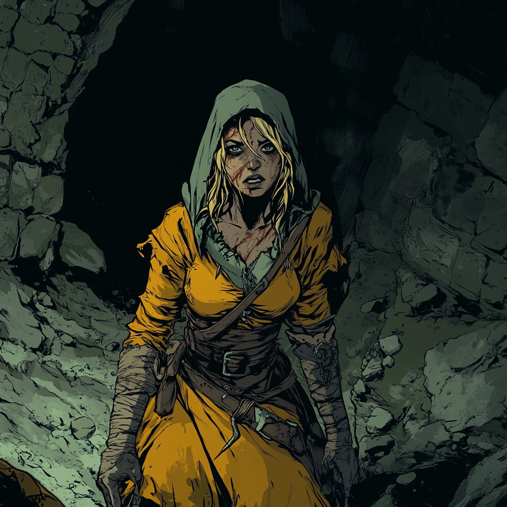 Image: Distressed woman in torn medieval clothes in dark cave.