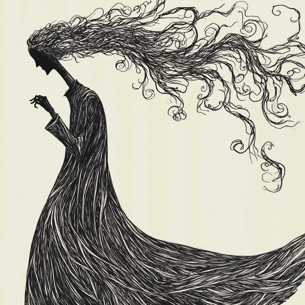 Image: Gracefully eerie figure with swirling elements in Gorey style.