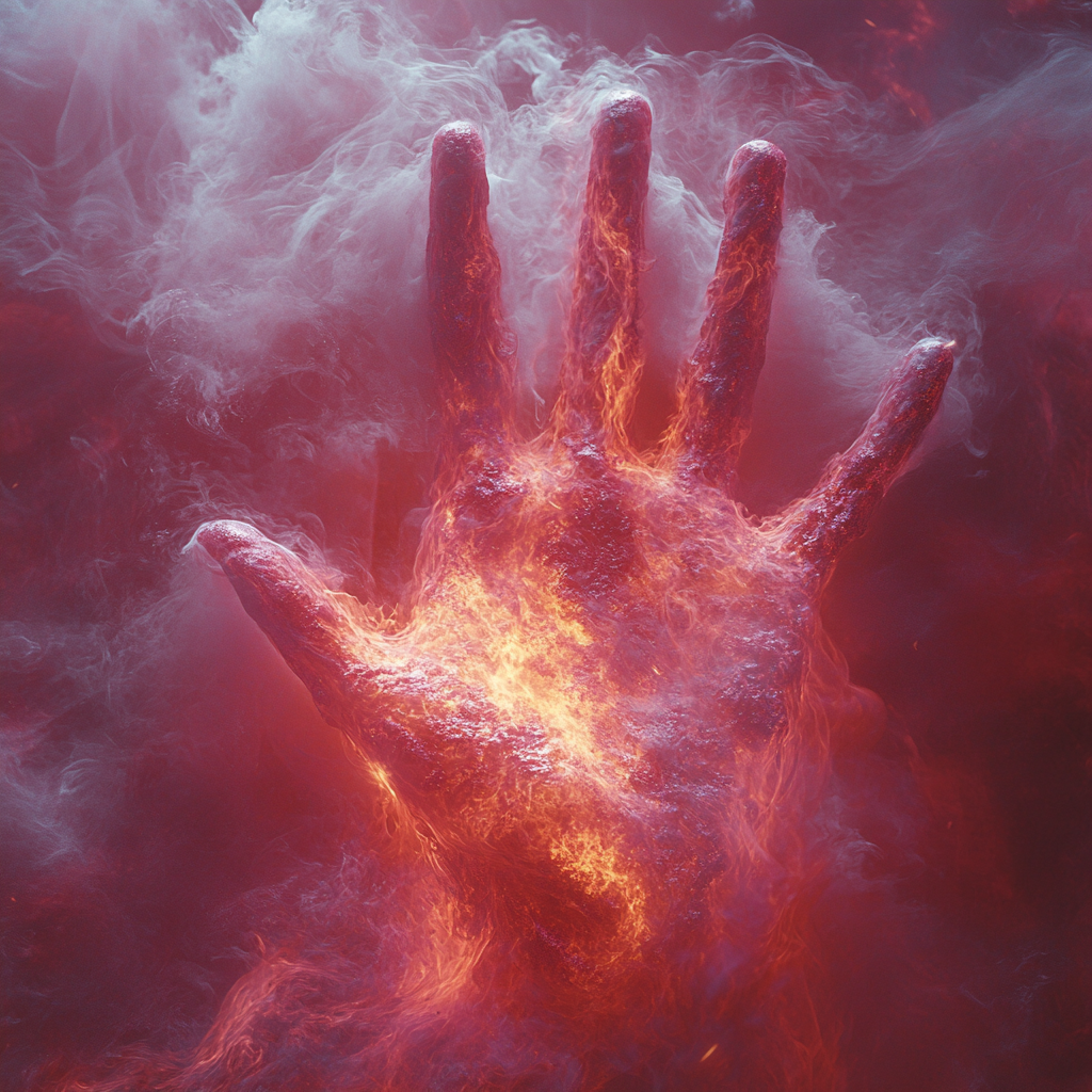 Image: Hand on fire in red and magenta mist.