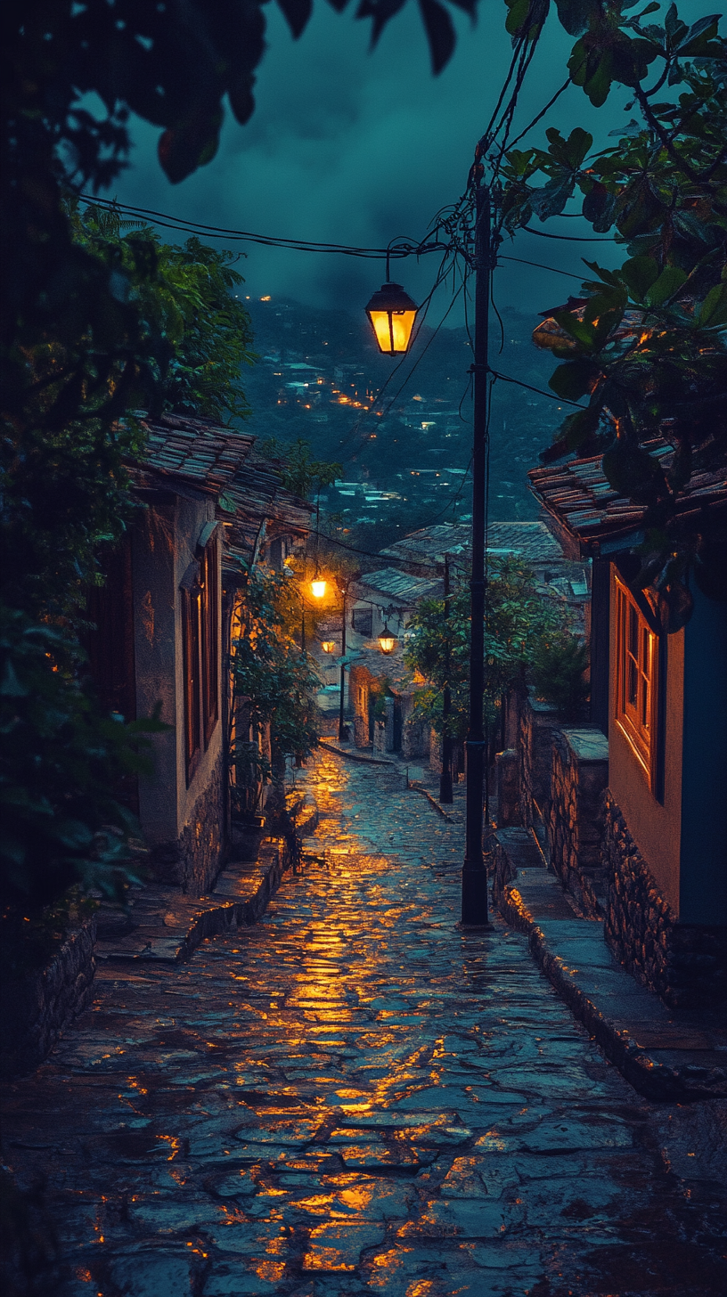 Image: Houses in beautiful beach alley night, streetlights flicker memories.