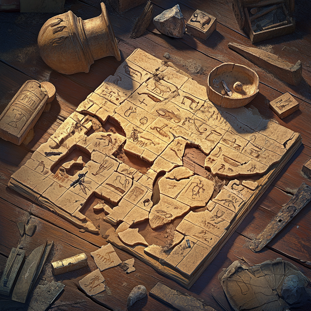 Image: Puzzles with broken artifacts and Sumerian symbols clues.