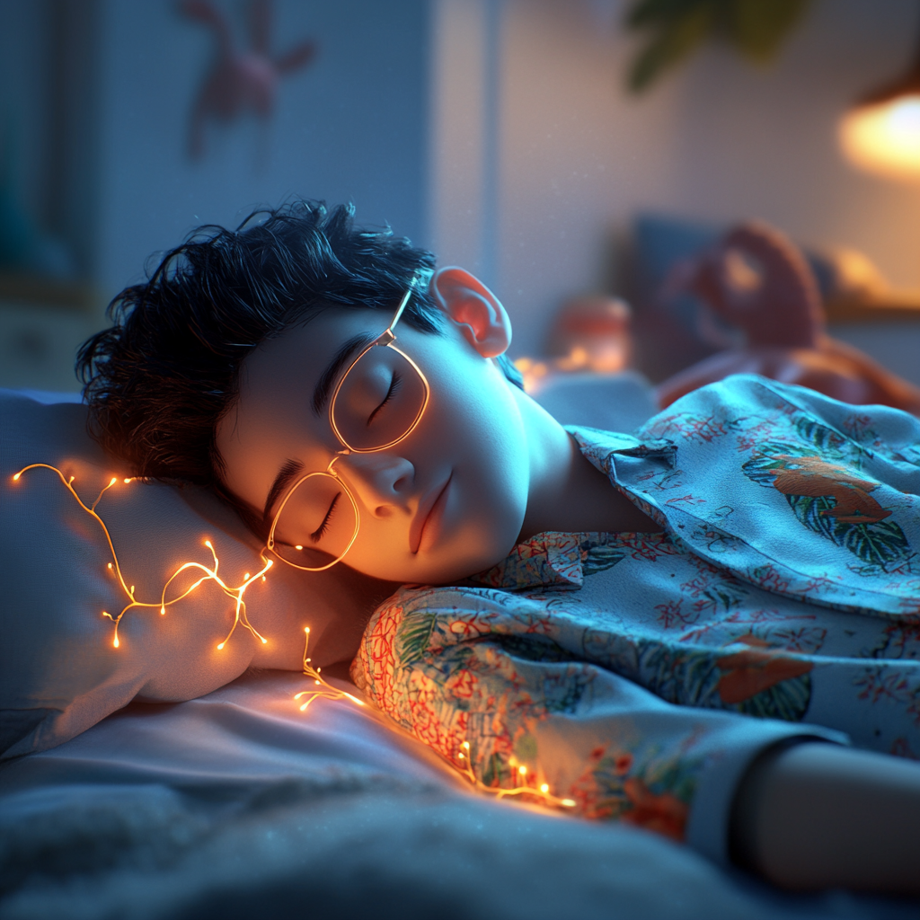 Image: Sleeping student superhero emits calming glow, affects others' sleep.