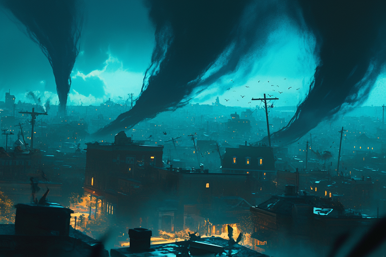 Imaginary tornados in spooky town by skilled artists.