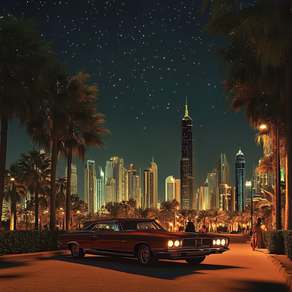 Imaginative, realistic 1970s Abu Dhabi city at night