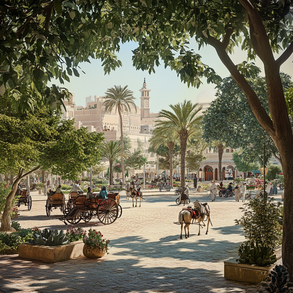 Imaginative 1900s Abu Dhabi city view with horse carriages.