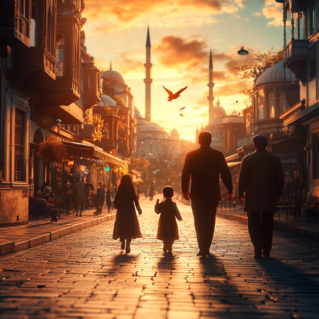 Imaginative 2024s Istanbul Cityscape with Family at Sunrise