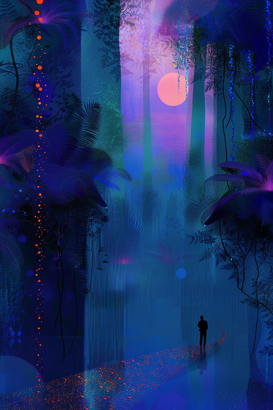 Imagining blue and purple creatures in primordial forest.