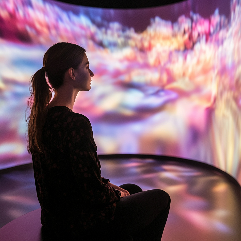 Immersive room with soft lighting, natural landscapes, interaction.