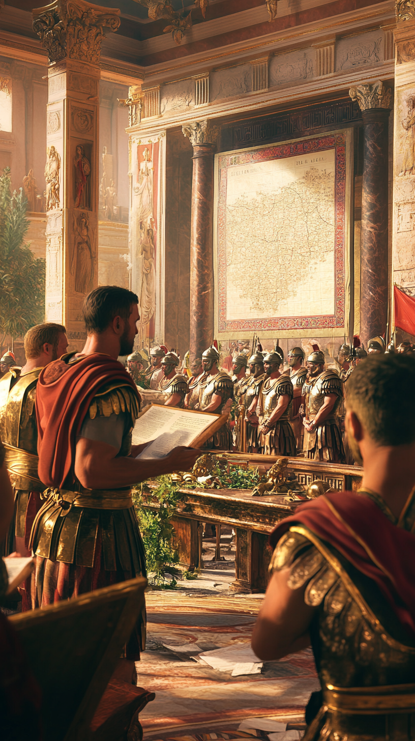 Imperial decree read to Roman Senate in Senate hall.