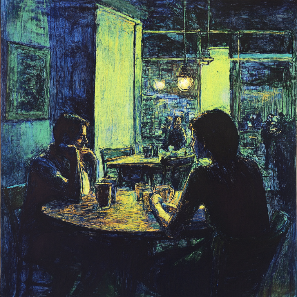 Impressionist painting of New York scene with coffee. Neon paint.