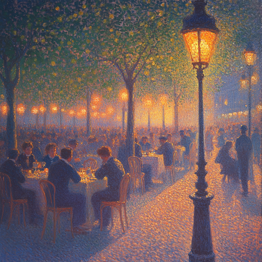 Impressionist scene with people in Paris cafe, vibrant colors.