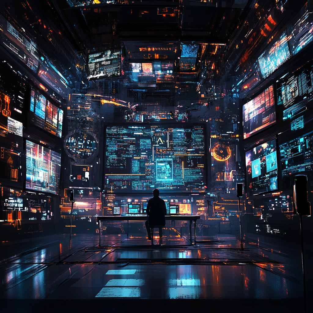 In A Futuristic Workspace, Programmer Surrounded by Holographic Screens