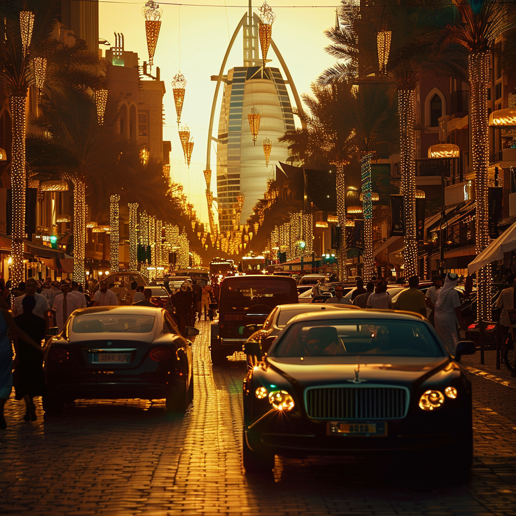 In Dubai, luxury cars at sunset market