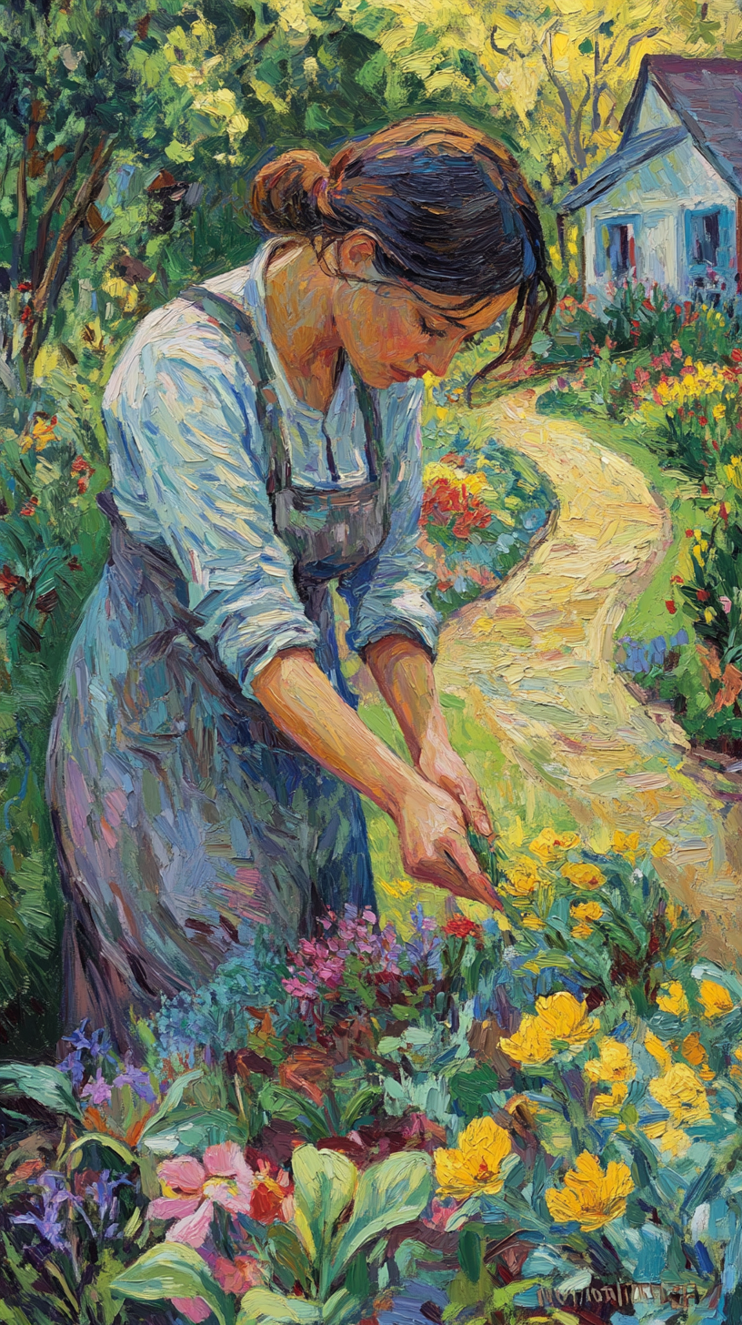 In a lush garden, a woman plants flowers.