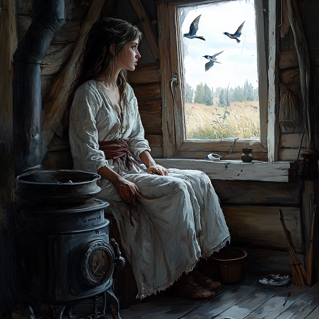 In an old hut, girl in peasant outfit watches.