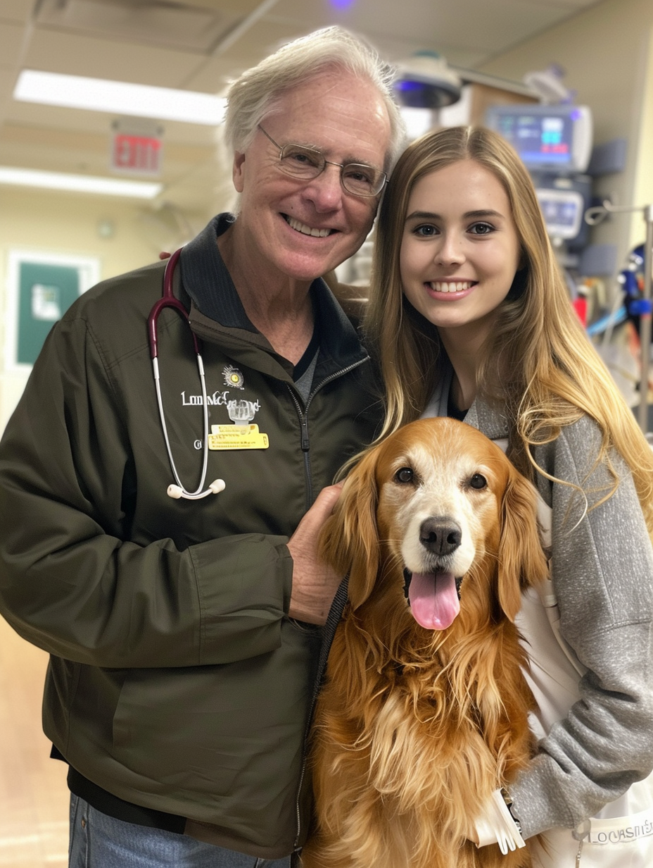 In the hospital, Dad, girl, golden retriever smiling.