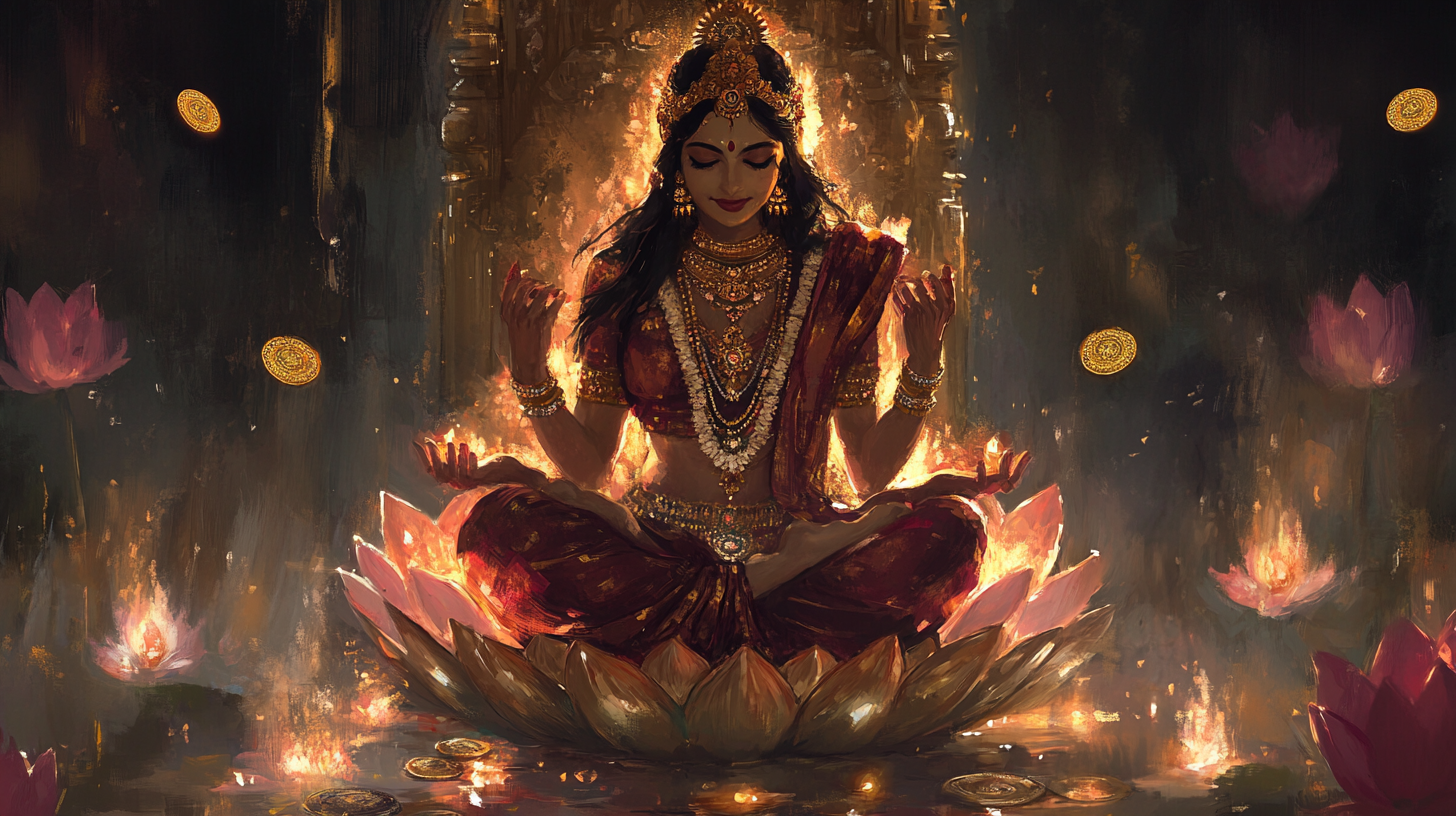 Indian Goddess Mahalaxhmi Mata Sitting on Golden Throne