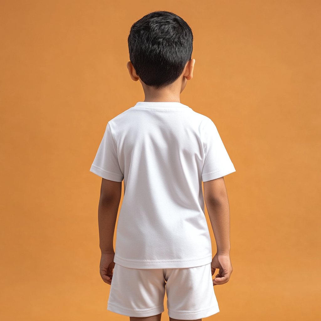 Indian boy in white t-shirt and shorts, back view.