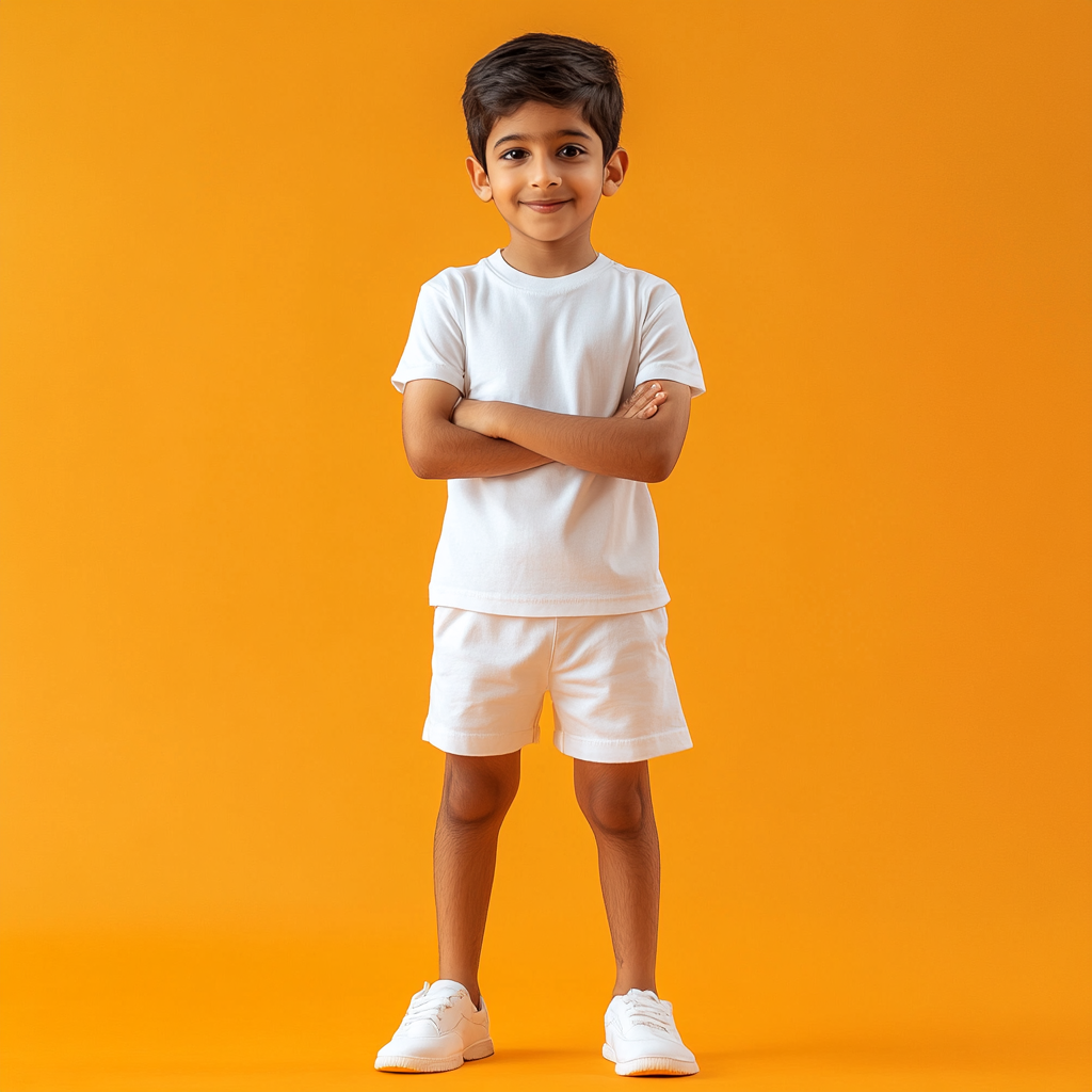 Indian boy in white t-shirt and shorts, orange background.