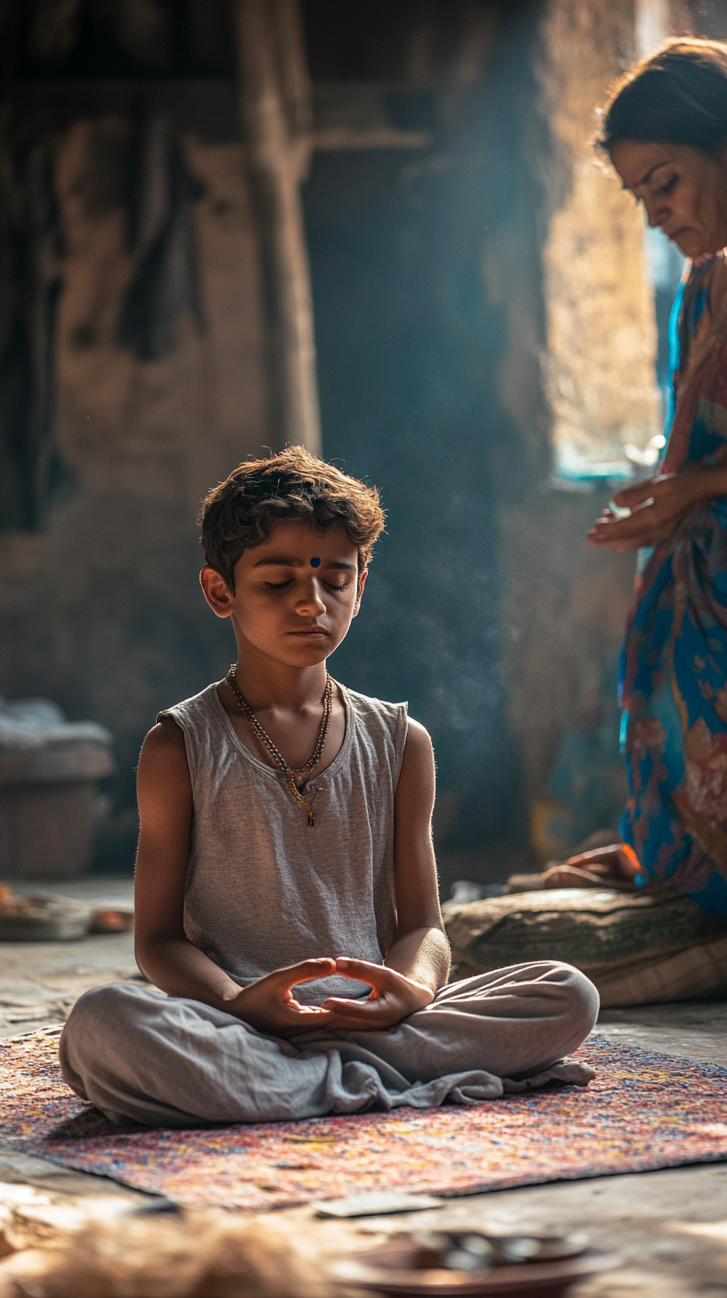 Indian boy meditating, mother scolding, room in village.