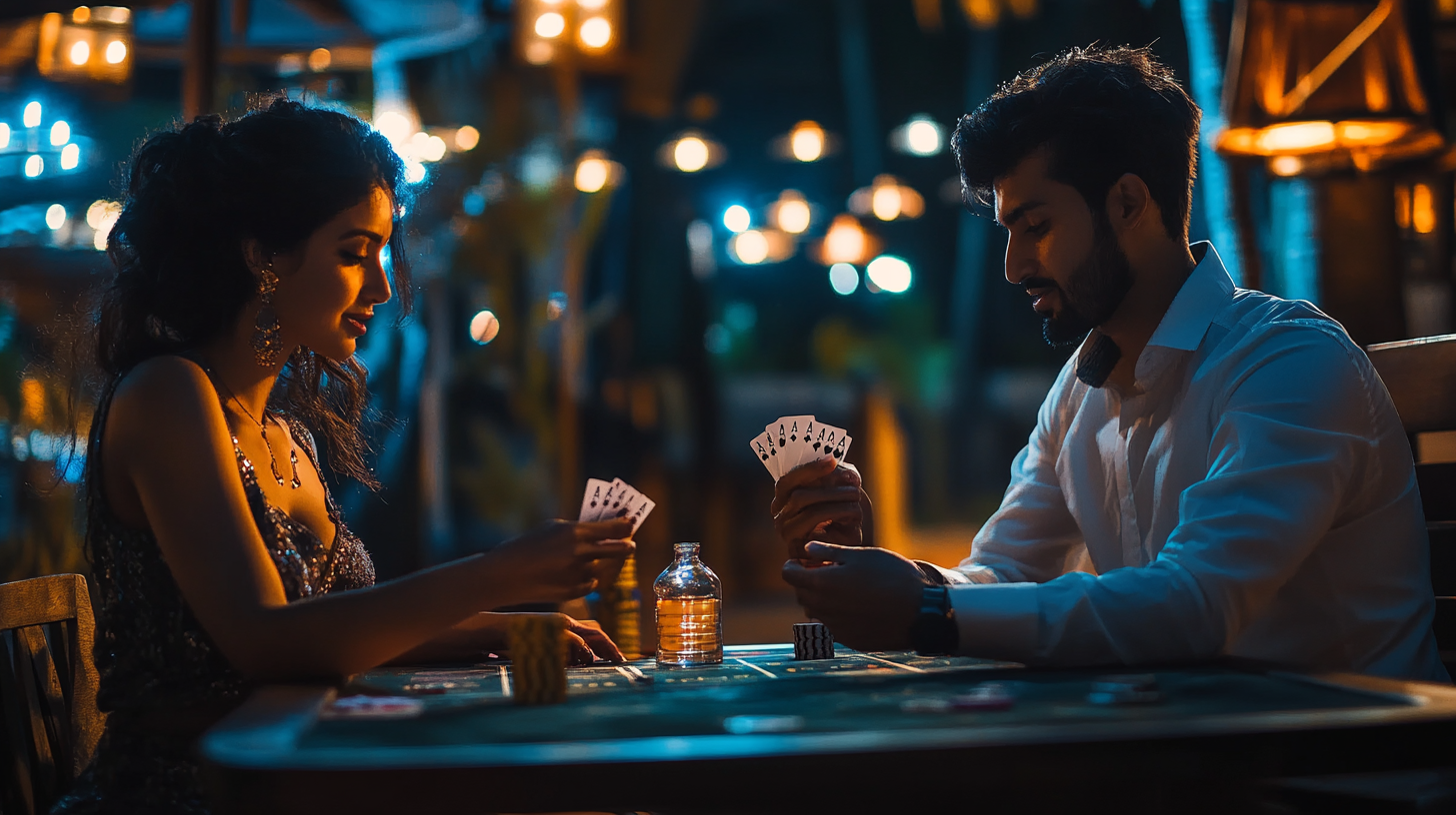 Indian couple plays cards in elegant party night