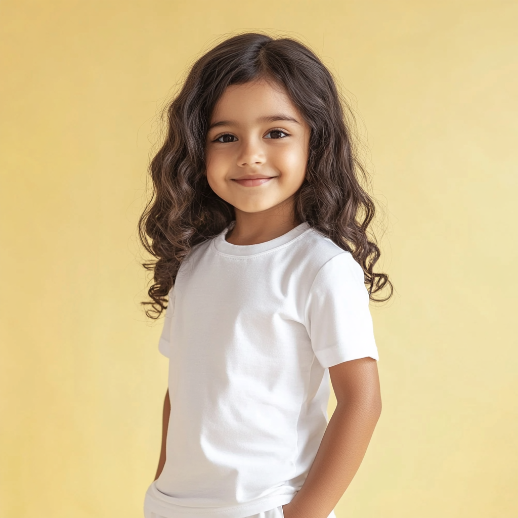 Indian girl in white co-ords, light yellow background.