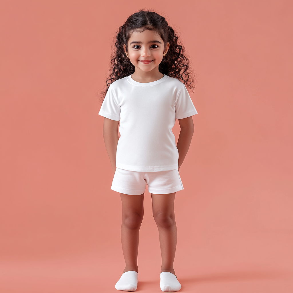 Indian girl in white shirt and shorts, studio lighting.