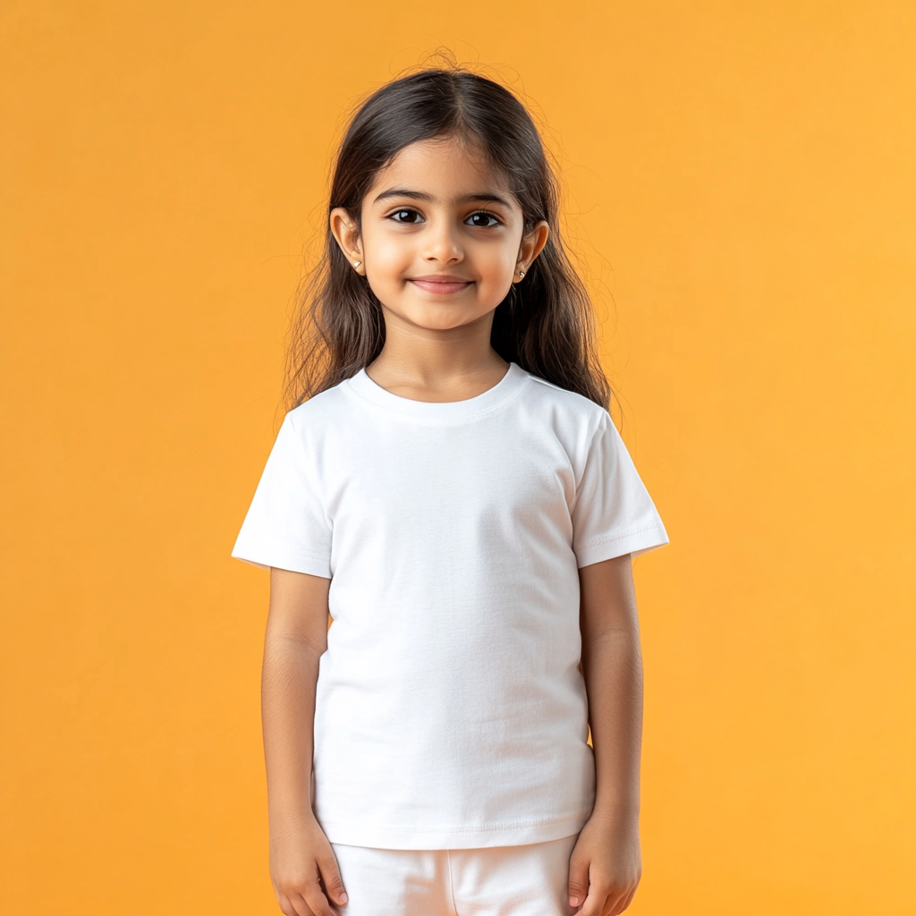 Indian girl in white t-shirt and shorts, standing gracefully.