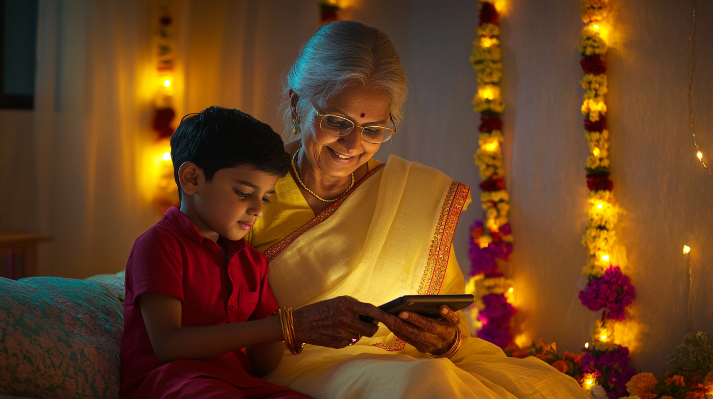 Indian grandmother and grandson bond during Diwali celebration.